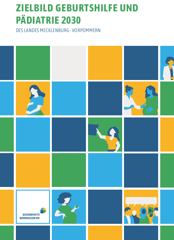 Titelgrafik für die Vision zur Gesundheitsversorgung in der Schwangerschaft und im Kindesalter in Mecklenburg-Vorpommern bis 2030, bestehend aus einem Raster mit Symbolen, die schwangere Frauen, Ärzte und Familien darstellen.