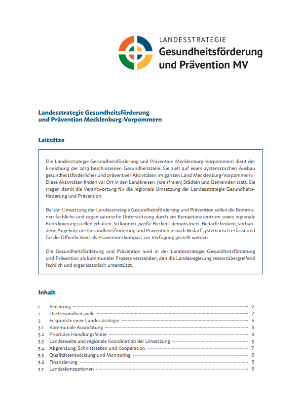 Dokument mit dem Titel „Landesstrategie Gesundheitsförderung und Prävention MV“, in dem die Landesstrategie für Gesundheitsförderung und Prävention in Mecklenburg-Vorpommern dargelegt wird, einschließlich eines Inhaltsverzeichnisses.